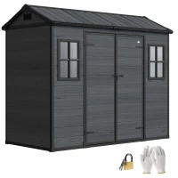 Outsunny 8 x 4 ft Plastic Garden Shed, Wood-Effect Outdoor Storage Shed with Floor, Windows, Lockable Doors and Vents, Dark Grey(m-9)