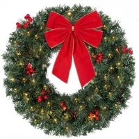 HOMCOM Christmas Decoration, 24 in Pre-Lit Crestwood Spruce Artificial Christmas Wreath, Bow, 50 LED Lights, Green(m-13)