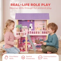 Qaba Wooden Doll House for Girls with 5 Rooms, Dolls, Furniture, DIY Pretend Dollhouse Playset, Gift for Kids Ages 3-6, Pink(m-7)