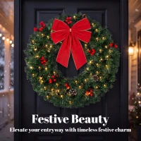 HOMCOM Christmas Decoration, 24 in Pre-Lit Crestwood Spruce Artificial Christmas Wreath, Bow, 50 LED Lights, Green(m-4)