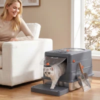 PawHut Stainless Steel Cat Litter Box with Lid, Enclosed High Sided Litter Box with Step, Metal Scoop, Grey(m-1)