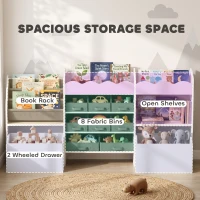 Qaba Kids Toy Storage Organizer, Kids Bookshelf with 8 Fabric Bins, 2 Rolling Drawers, Open Shelves for Kids Room, White(m-4)