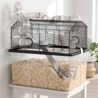 PawHut 2 Tier Hamster Cage with 12" Deep Tray, Tube System, Water Bottle, Ramp, Feeding Bowl, 23" x 17" x 22", Black(m-8)