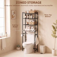 HOMCOM Over-the-Toilet Storage Shelf, 3-Tier Over-Toilet Bathroom Organizer with Adjustable Shelves and Pull-Out Basket, Black(m-4)