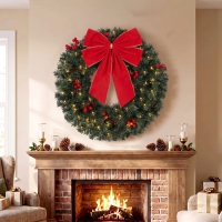 HOMCOM Christmas Decoration, 24 in Pre-Lit Crestwood Spruce Artificial Christmas Wreath, Bow, 50 LED Lights, Green