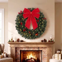 HOMCOM Christmas Decoration, 24 in Pre-Lit Crestwood Spruce Artificial Christmas Wreath, Bow, 50 LED Lights, Green(m-1)