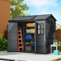 Outsunny 8 x 4 ft Plastic Garden Shed, Wood-Effect Outdoor Storage Shed with Floor, Windows, Lockable Doors and Vents, Dark Grey(m-8)