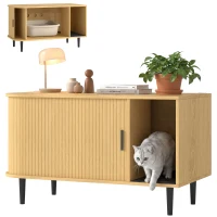 PawHut Cat Litter Box Enclosure with Sliding Door, Litter Mat, Modern Cat House, TV Stand, Side End Table for Living Room(m-11)