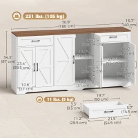 HOMCOM 71" Large Sideboard Buffet Cabinet, Farmhouse Coffee Bar Cabinet with 2 Drawers and 6 Barn Doors, White(m-3)