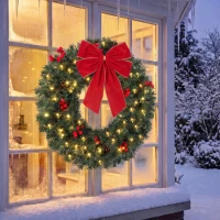 HOMCOM Christmas Decoration, 24 in Pre-Lit Crestwood Spruce Artificial Christmas Wreath, Bow, 50 LED Lights, Green(m-8)