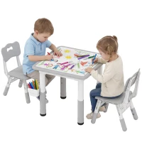 Qaba 3 Pieces Toddler Table and Chair Set, Height Adjustable Kids Table and Chair Set w/ Storage, for Playroom Grey(m-9)
