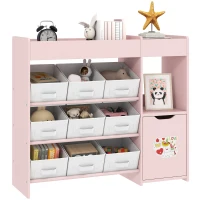 Qaba Toy Storage Organizer with 9 Non-Woven Fabric Boxes, Storage Cabinet & Shelves, for Kids Room, Nursery, Playroom Pink(m-9)