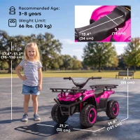 Qaba 12V Kids ATV, Electric Ride On Quad with Dual Motors, Soft Start, Battery Display, Music, Lights for 3-8 Years, Pink(m-3)