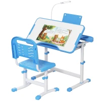 Qaba Kids Desk and Chair Set Height Adjustable Student Writing Desk Children School Study Table with Tilt Desktop, Blue(m-9)