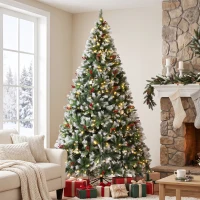 HOMCOM 9ft Flocked Prelit Christmas Tree Spruce, Dual Colour, Remote, Hinged Artificial Xmas Tree with Pinecones, Berries(m-8)