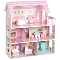 Qaba Dollhouse with 8 PCS Accessories, Dreamhouse Villa with LED Light, 3-Story Doll House with 6 Rooms for Girls 3-6 Years(m-2)