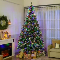 HOMCOM 9ft Flocked Prelit Christmas Tree Spruce, Dual Colour, Remote, Hinged Artificial Xmas Tree with Pinecones, Berries(m-4)