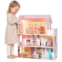 Qaba Dollhouse with 8 PCS Accessories, Dreamhouse Villa with LED Light, 3-Story Doll House with 6 Rooms for Girls 3-6 Years(m-13)