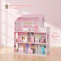 Qaba Dollhouse with 8 PCS Accessories, Dreamhouse Villa with LED Light, 3-Story Doll House with 6 Rooms for Girls 3-6 Years(m-3)