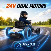 Qaba 24V Electric Drift Go Kart for Kids with Dual Motors, Soft Start, PU Wheels, 7.5MPH High Speed, for Ages 6+, White(m-5)