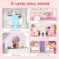 Qaba Dollhouse with 8 PCS Accessories, Dreamhouse Villa with LED Light, 3-Story Doll House with 6 Rooms for Girls 3-6 Years(m-4)