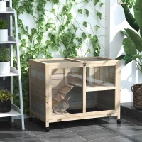 PawHut Indoor Rabbit Hutch with Wheels, Bunny Cage Guinea Pig House W/ Top Access, Ramp, Pull Out Tray, Natural Wood(m-1)