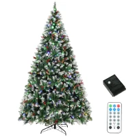 HOMCOM 9ft Flocked Prelit Christmas Tree Spruce, Dual Colour, Remote, Hinged Artificial Xmas Tree with Pinecones, Berries(m-13)