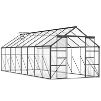 Outsunny Aluminum Greenhouse Polycarbonate Walk-in Garden Greenhouse Kit with Rain Gutter and Sliding Door, 16' x 8', Dark Grey(m-9)