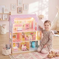 Qaba Dollhouse with 8 PCS Accessories, Dreamhouse Villa with LED Light, 3-Story Doll House with 6 Rooms for Girls 3-6 Years(m-1)
