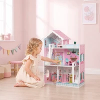Qaba Wooden Doll House, Large 3-Storey Modern Dollhouse with 6 Rooms and 10 Accessories, for Girls Boys 3-6 Years, Pink(m-8)