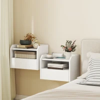HOMCOM Wall Mounted Bedside Table, Set of 2 Floating Nightstand with Charging Station, Drawer and Open Shelf for Bedroom, White(m-1)