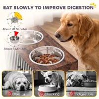PawHut Raised Dog Bowls with Storage, Slow Feeder,  2 Stainless Steel Food and Water Bowl Non-Slip, Rustic Brown(m-7)