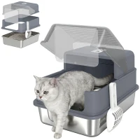 PawHut Stainless Steel Cat Litter Box with Lid, High Sided Enclosed Metal Litter Box w/ Scoop, Deodorization Bags for Cats(m-13)