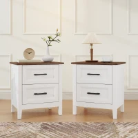 HOMCOM Farmhouse Nightstand Set of 2, Bedside Tables with 2 Drawers, Wood-Effect Top, White(m-1)