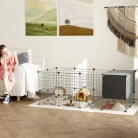 PawHut Guinea Pig Cage, Small Animal Playpen with 31 Panels, Elevated Huts, Non-Slip Mats, Black(m-8)