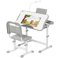 Qaba Kids Desk and Chair Set Height Adjustable Student Writing Desk Children School Study Table with Tilt Desktop, Grey(m-9)