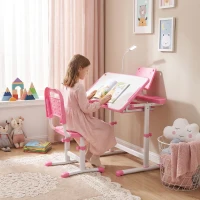 Qaba Kids Desk and Chair Set with USB Light, Storage Drawer, Pink(m-2)
