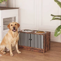PawHut Raised Dog Bowls with Storage, Slow Feeder,  2 Stainless Steel Food and Water Bowl Non-Slip, Rustic Brown(m-8)