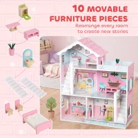 Qaba Wooden Doll House, Large 3-Storey Modern Dollhouse with 6 Rooms and 10 Accessories, for Girls Boys 3-6 Years, Pink(m-5)