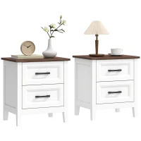 HOMCOM Farmhouse Nightstand Set of 2, Bedside Tables with 2 Drawers, Wood-Effect Top, White(m-9)
