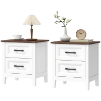 HOMCOM Farmhouse Nightstand Set of 2, Bedside Tables with 2 Drawers, Wood-Effect Top, White(m-2)