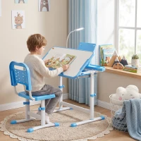 Qaba Kids Desk and Chair Set Height Adjustable Student Writing Desk Children School Study Table with Tilt Desktop, Blue(m-1)