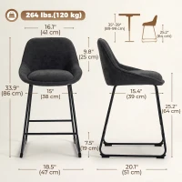HOMCOM Bar Stools Set of 2 Chenille Barstools Counter Height Bar Chairs Backrest Footrest Black(m-3)
