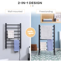 HOMCOM 8-Bar Heated Towel Warmer Rack with Built-in Timer and LED Indicators, Wall Mounted & Free Standing Carbon Steel Electric Towel Bar with Adjustable Temperature, Black(m-4)