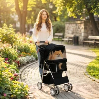 PawHut Pet Stroller with Reflective Strips, Foldable Cat Stroller with 360° Swivel Wheels for Small Dogs and Cats, Black(m-8)