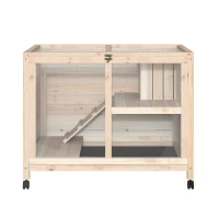 PawHut Indoor Rabbit Hutch with Wheels, Bunny Cage Guinea Pig House W/ Top Access, Ramp, Pull Out Tray, Natural Wood(m-9)