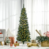 HOMCOM 7' Pre Lit Artificial Pencil Christmas Trees, Xmas Tree with Realistic Branches and Warm White LED Lights, Green(m-8)