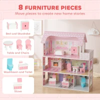 Qaba Dollhouse with 8 PCS Accessories, Dreamhouse Villa with LED Light, 3-Story Doll House with 6 Rooms for Girls 3-6 Years(m-5)