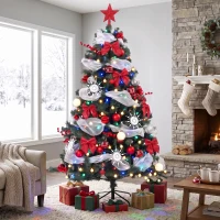 HOMCOM 5ft Prelit Christmas Tree Spruce, Remote, Hinged, Artificial Xmas Tree with 8 Modes, 450 Tips, 150 LEDs, Green Red(m-8)