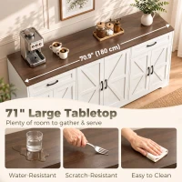 HOMCOM 71" Large Sideboard Buffet Cabinet, Farmhouse Coffee Bar Cabinet with 2 Drawers and 6 Barn Doors, White(m-5)